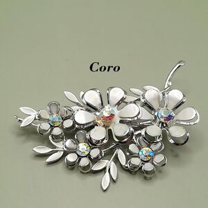 Vintage Coro Flower Spray Brooch AB Rhinestones Silver Tone Signed